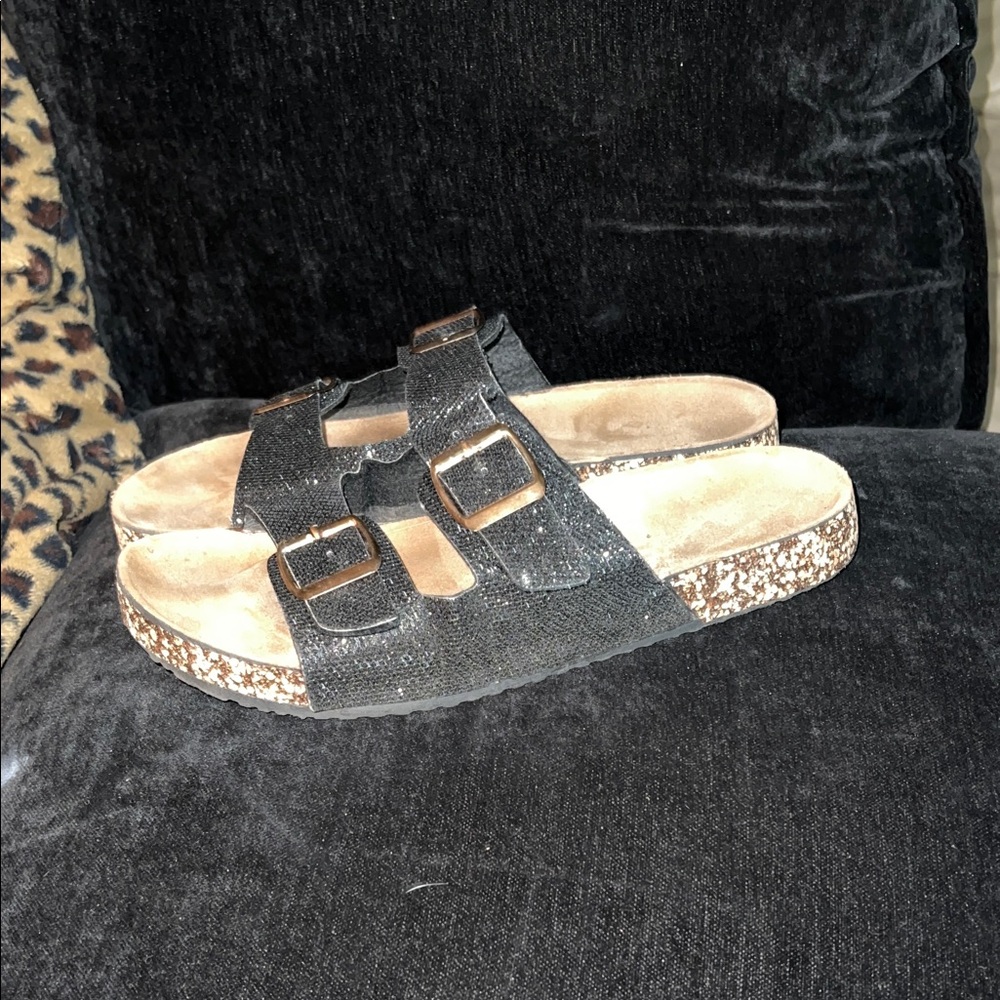 Black and Gold Sandals with Buckles
